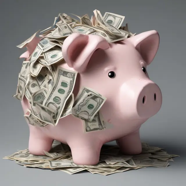 A large piggy bank filled with golden earmarks labeled 