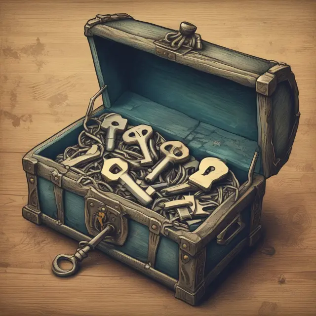 A treasure chest holds various investment pieces: stocks (keys) and bonds. Diversity thrives on this chessboard of investments.