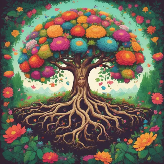 Vibrant garden with various flowers representing diversified investments, intertwined roots symbolizing risk management and financial growth