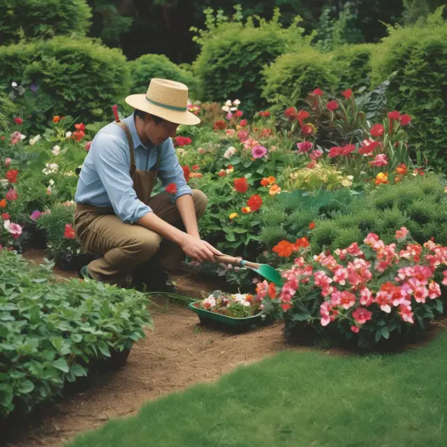 Gardener managing diversified investment portfolio with various financial instruments as blooming flowers and maturing fruits