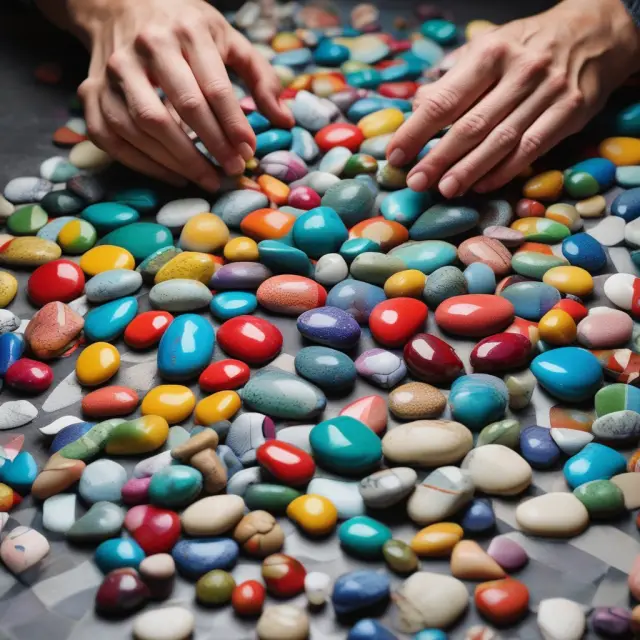 Artisan arranging various colored stones to create a diverse and balanced mosaic, symbolizing a well-diversified investment portfolio
