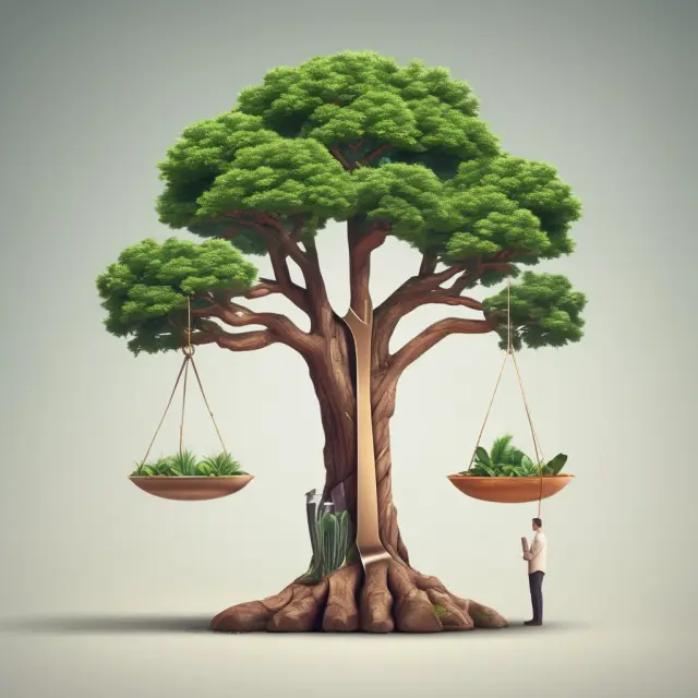 An investor contemplating active vs. passive investment strategies, represented as a balance scale with a growing tree symbolizing effective portfolio management