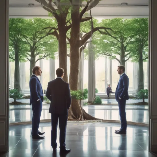 Investor evaluating their portfolio with a mirror and benchmark index, growing trees symbolizing performance comparison