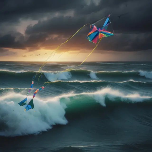 Kite representing diverse investments soaring over stormy sea, symbolizing effective risk management strategies in volatile markets
