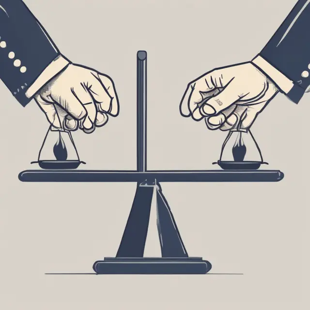 A visual representation of Discretionary vs. Non-discretionary portfolio management, showing two hands symbolizing different approaches balancing a see-saw.