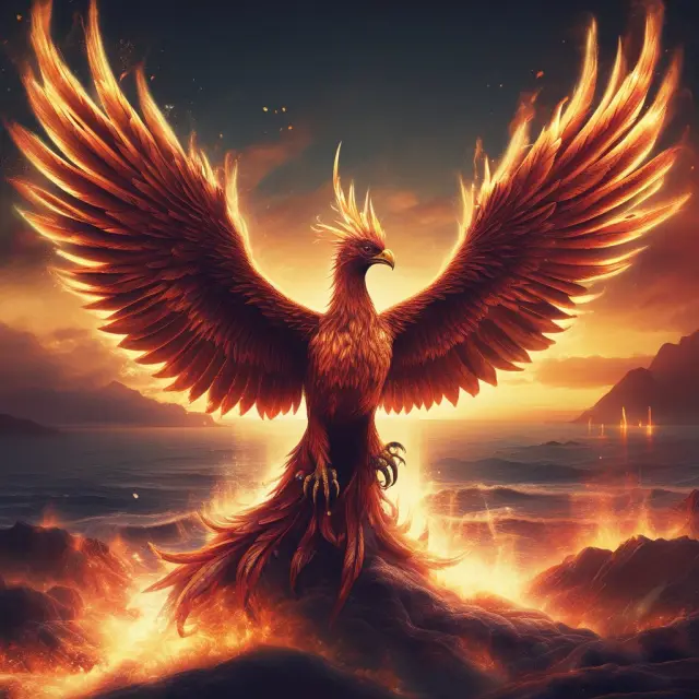 A mythical phoenix emerging from flames representing market data, illustrating the crucial role of ideation in active portfolio management