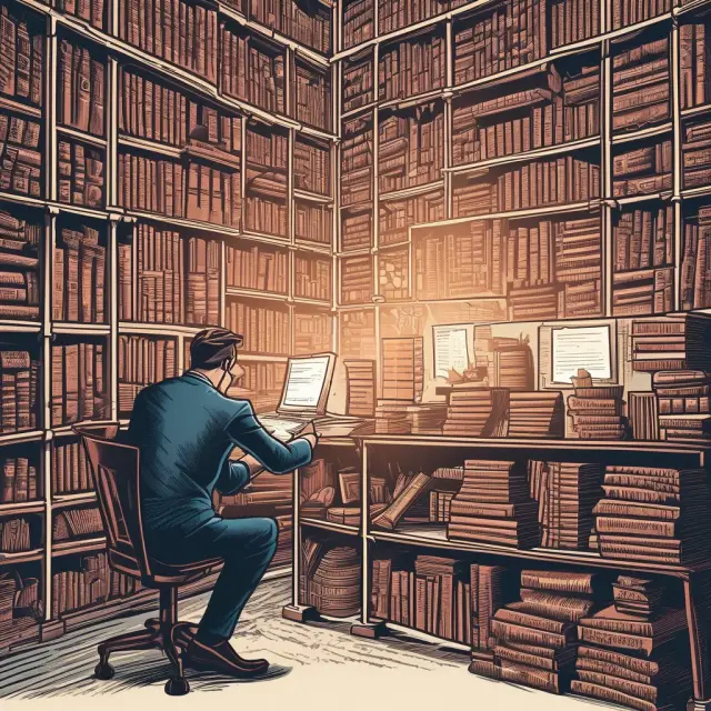 An active fund manager navigating through a maze filled with financial statements, charts, and data to find undervalued stocks