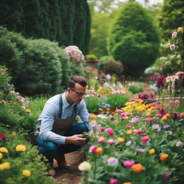 A passive portfolio manager, symbolized by a gardener, nurturing various indices (represented as colorful flowers) to ensure alignment with the S&P 500 garden