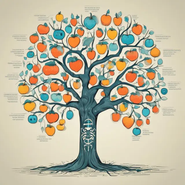 An ideation tree laden with branches symbolizing various index choices, each blooming with a fruit representing successful passive portfolio management strategies