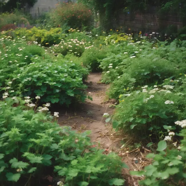 A tranquil garden scene with low-turnover investments represented as flowers in full bloom among weeds symbolizing high portfolio turnover