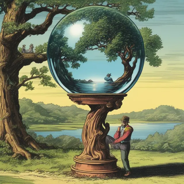 An image of a position trader examining a crystal ball filled with market trends, contrasted by a buy-and-hold investor holding onto an acorn tree representing long-term commitment