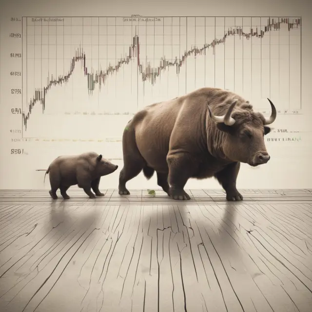 A patient bull and bear figure standing at opposite ends of a winding road representing long-term trend following in position trading