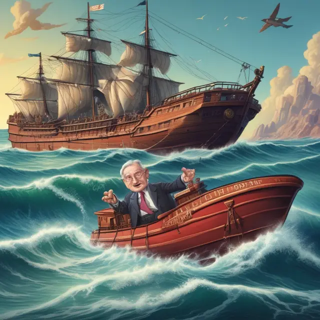 George Soros riding a wave symbolizing his successful position trade contrasted by a sinking ship representing Long-Term Capital Management
