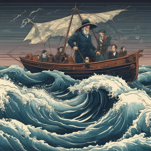 Seasoned position trader on a ship during market volatility, utilizing risk management strategies: stop losses, entry/exit points, diversification, and trend analysis.