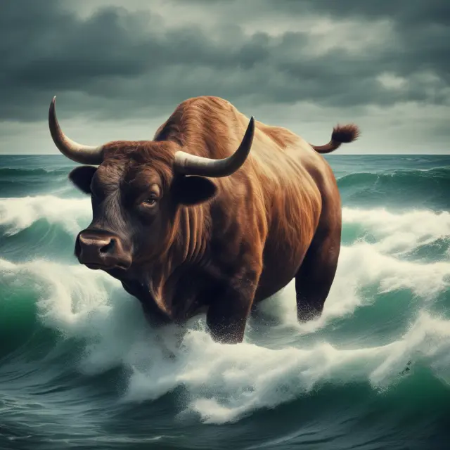 A patient bull confidently facing market trends and waves, representing the approach of position traders.