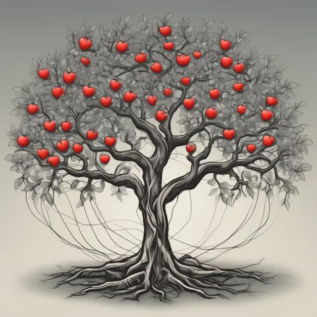 Two apple trees with intertwined branches representing Apple and Microsoft, illustrating positive correlation between the companies