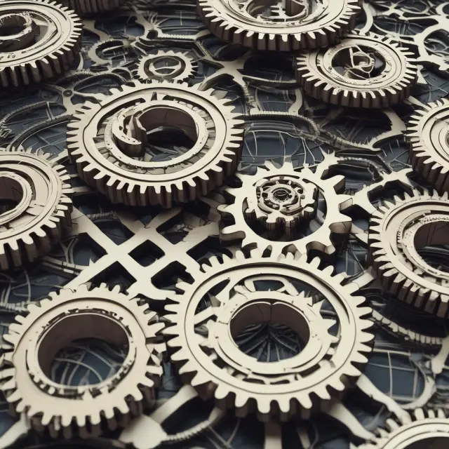 A collection of interlinked gears representing various assets and a large gear embodying the stock market index, highlighting positive correlations between stocks and market efficiency.