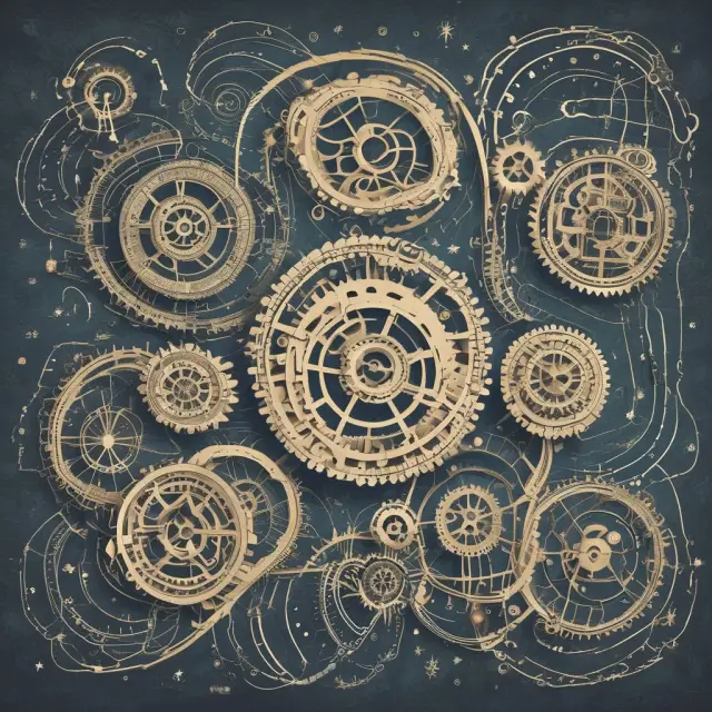 An assemblage of interconnected gears representing the relationships between positively correlated variables in finance.