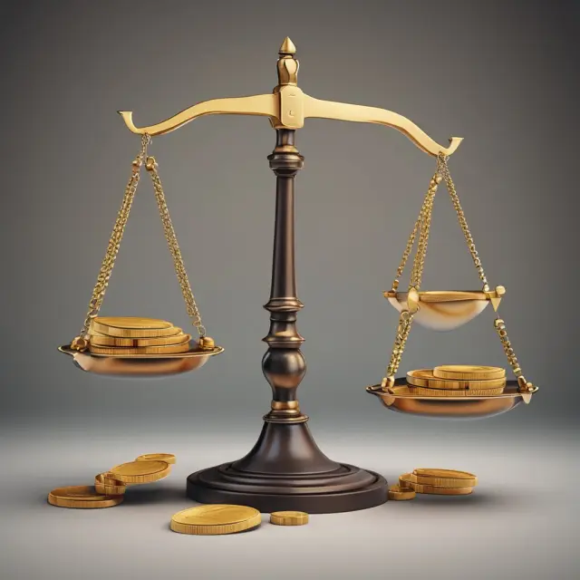 Golden scales with data graphs and gold coins represent positive economics - an objective analysis of economic facts using both historical data and observable trends.