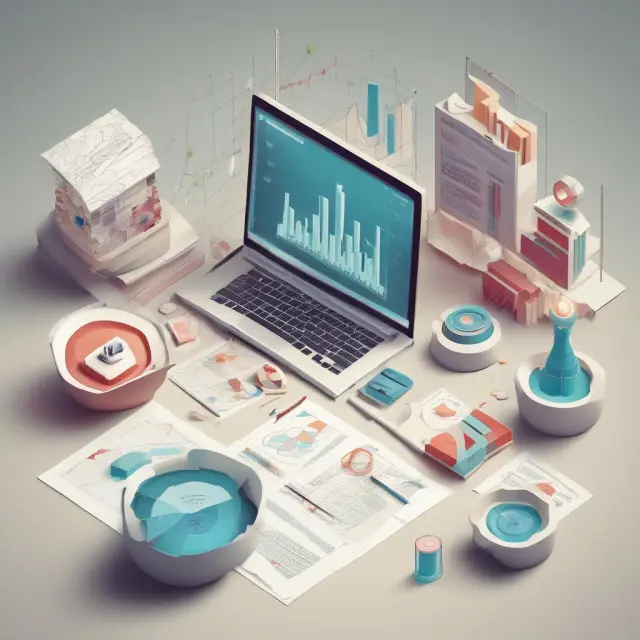 An ocean filled with charts, graphs, and economic objects, illustrating the facts-driven insights of positive economics