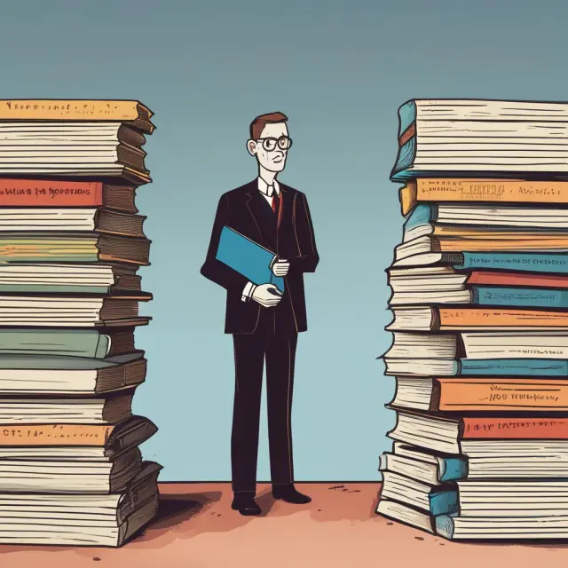 Economist balancing positive economics (rational book) and emotions (emotional book). Illustrates the challenge of separating feelings from facts in economics.