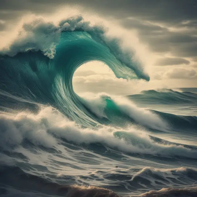 A powerful wave crashes onto the shore, symbolizing positive economics