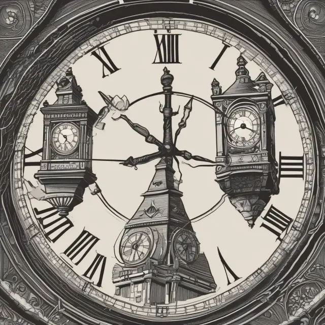 Exchange with clock tower representing post-trade processing, scales for weighing financial transactions, and date labels for trade and settlement periods.