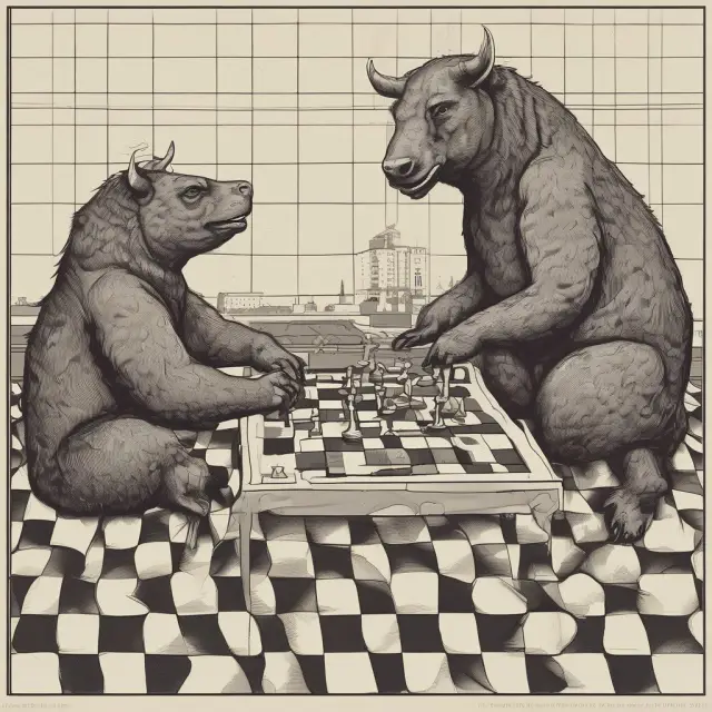 A Bayesian bull and frequentist bear playing chess, illustrating the contrast between their approaches to statistical probability calculations.
