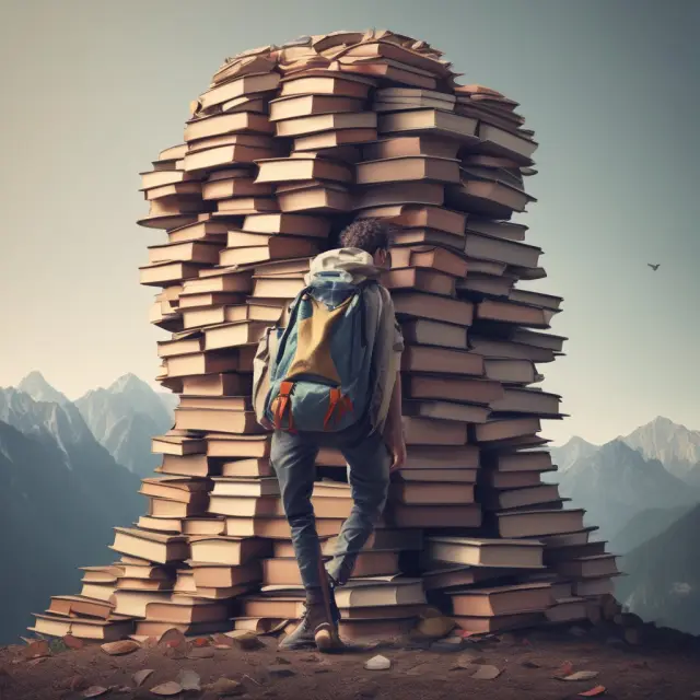 A man ascending a mountain made of books while carrying a backpack filled with coins, illustrating the crucial role of knowledge and financial resources in escaping poverty.