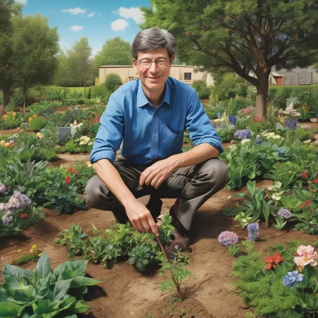 Jeffrey Sachs nurturing six interconnected gardens symbolizing human, business, infrastructure, natural, public institutional, and knowledge capital for poverty alleviation
