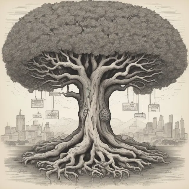 An ancient tree nurtures growth in education, healthcare, capital markets, infrastructure, and governance, fostering progress towards eradicating poverty.