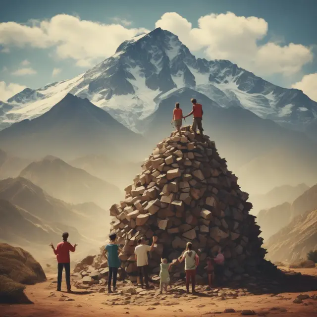 Family climbing a towering mountain of interconnected challenges such as capital, education, healthcare, and governance to escape poverty.