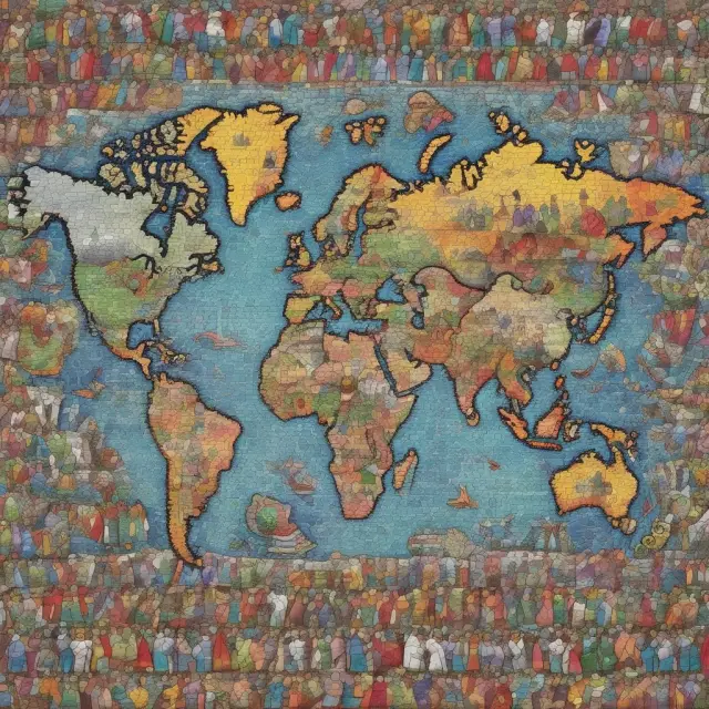 World map composed of puzzle pieces depicting continents, with figures illustrating varying stages of poverty ascent/descent