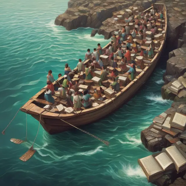 Children in poverty struggle with education, health, and crime, symbolized by a leaking boat carrying knowledge against a tide of substance-filled bottles and worn textbooks