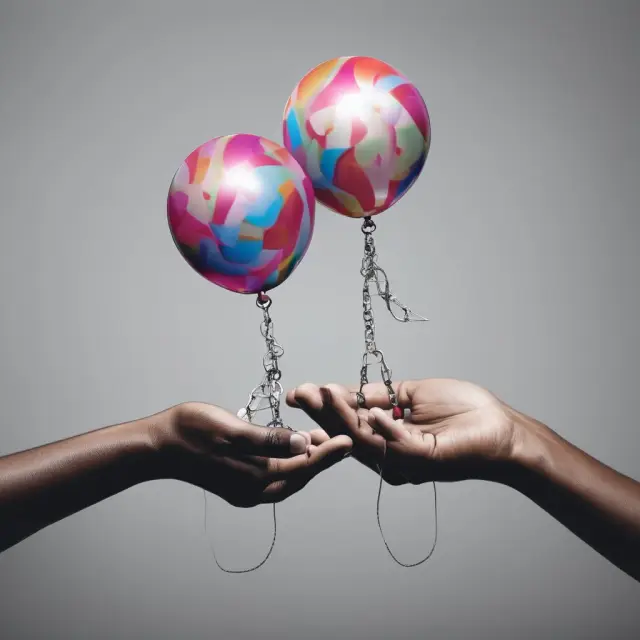 One hand releasing equality balloons, while another is chained, reflecting government and societal roles in addressing discrimination and poverty