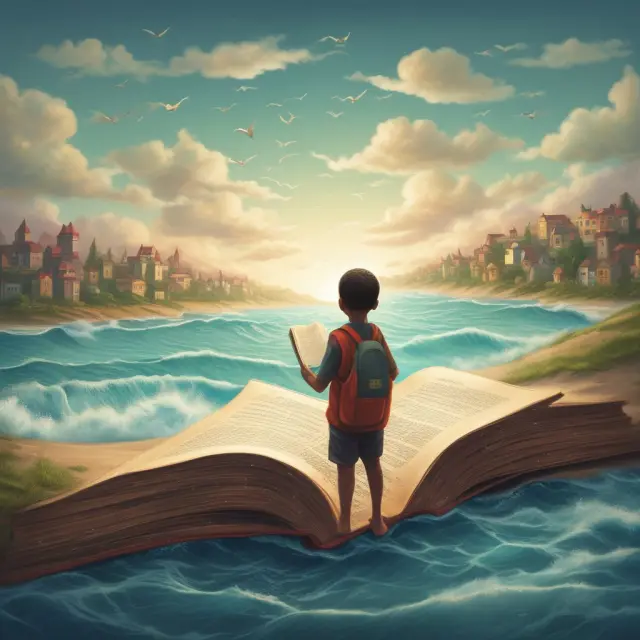 A child reading, representing education, creates ripples in a pond, symbolizing the far-reaching impact on a poverty-stricken village through economic development