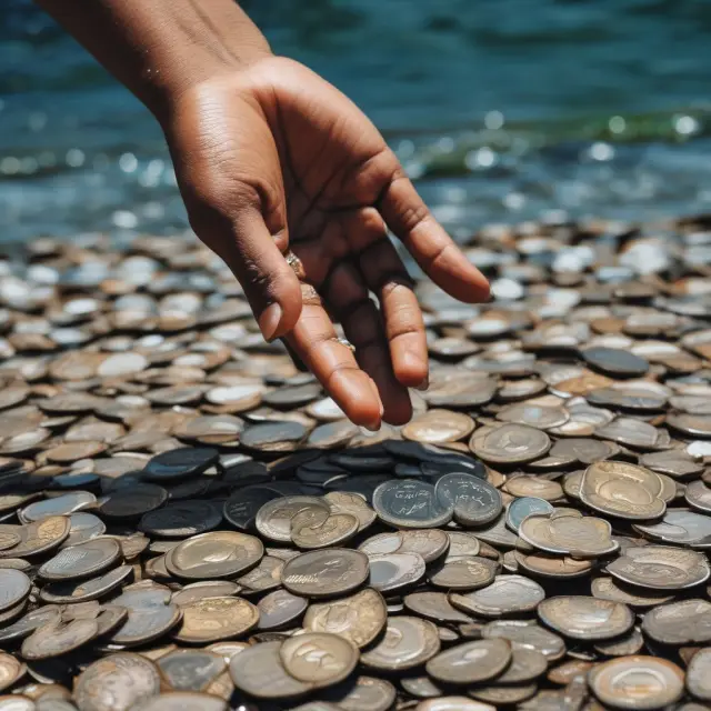 Hand emerging from pile of coins, clutching pearl representing education in the context of poverty.