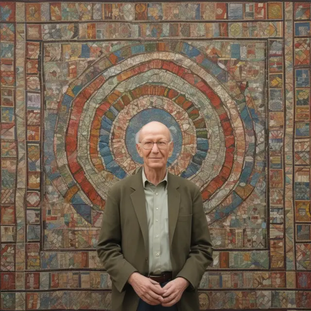 Geert Hofstede creating the Power Distance Index, represented by a mosaic of various cultural tiles.