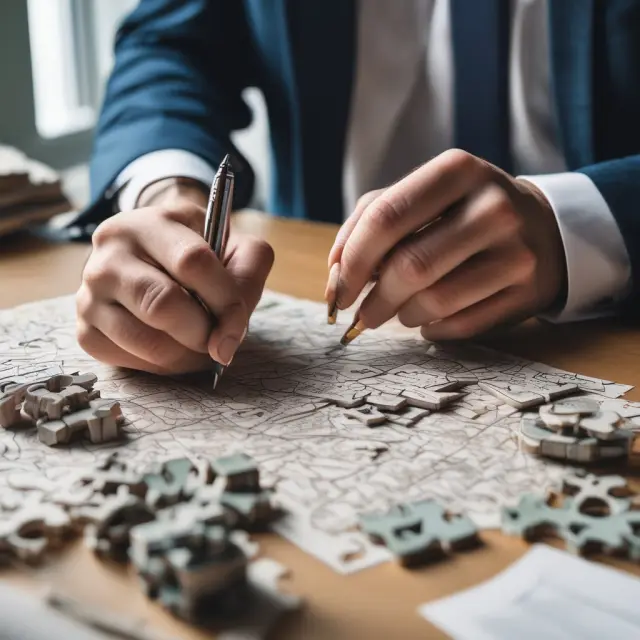 A lawyer meticulously creating various power of attorney types (financial, health care, general, limited, and durable) as puzzle pieces on a drafting table