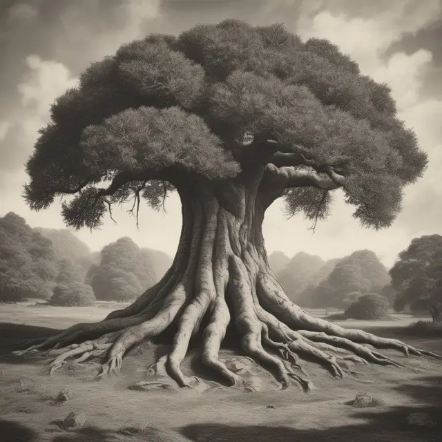 A towering tree with extensive roots symbolizing a company