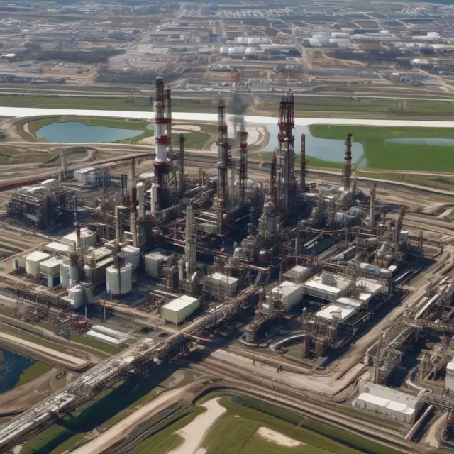 An oil rig and refinery entwined, representing the significance of Exxon Mobil