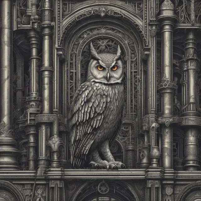 A wise owl examines complex machinery and buildings to evaluate a company