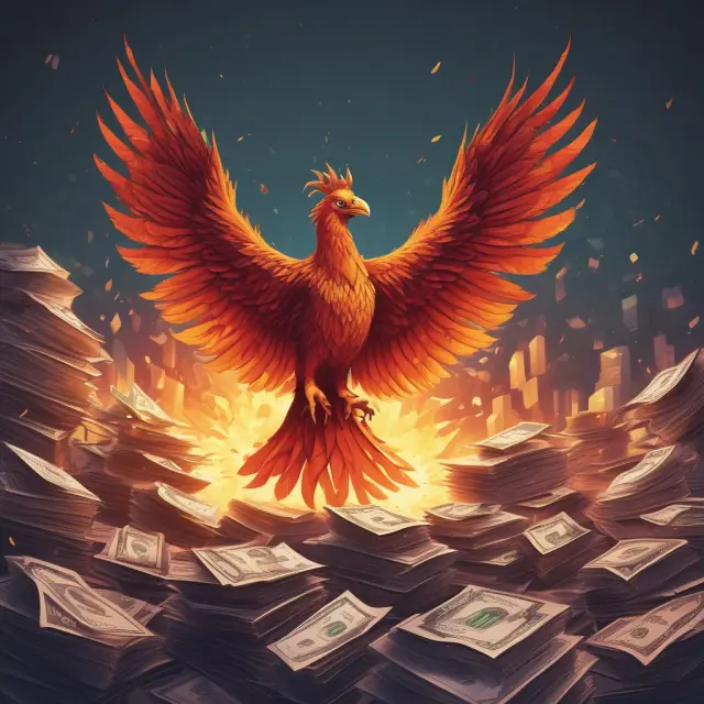 A mythical phoenix rises above mountains of economic data, representing the Producer Price Index, which measures changes in wholesale inflation.