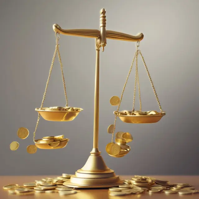 Golden scale tips representing PPI data, with coins flowing from an inflating balloon symbolizing investors making informed decisions.