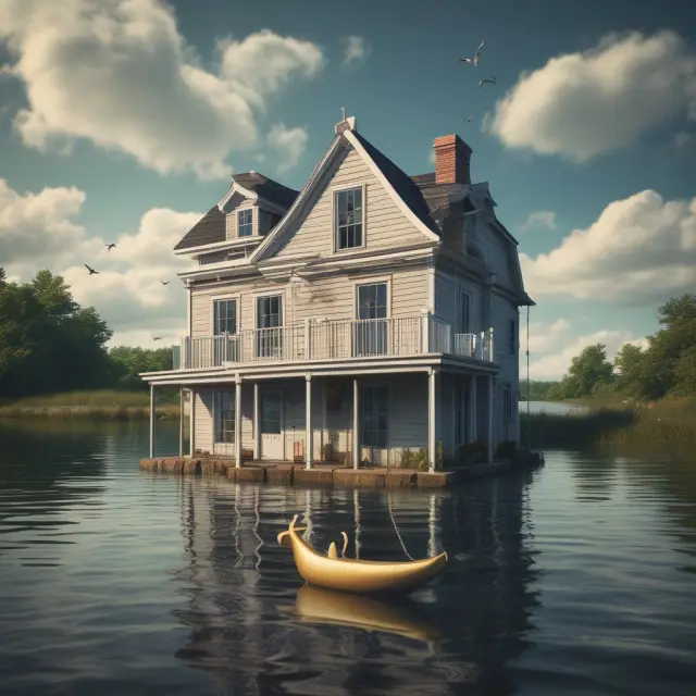 A homebuyer navigates through stormy financial waters, securing a pre-foreclosed property as their golden anchor