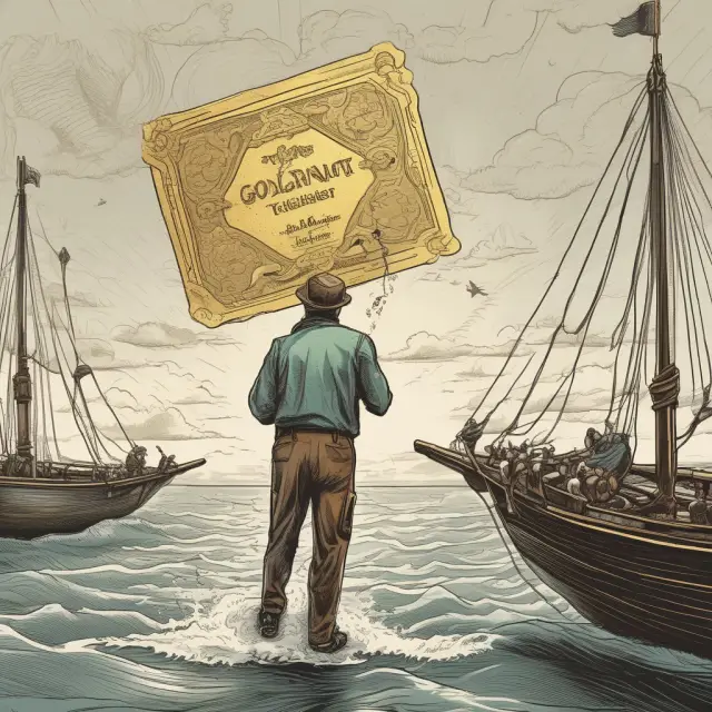 An investor holding a golden ticket sails on a boat amidst turbulent waters, symbolizing regulatory compliance and technology