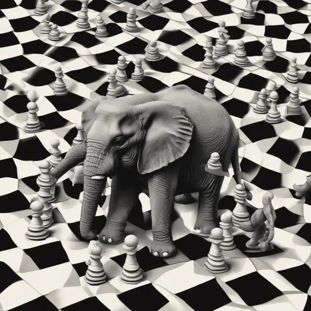 Elephant representing monopoly, crushing smaller competitors on a market checkerboard