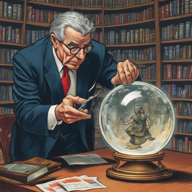 An institutional investor examines a crystal ball containing market data, carefully considering the implications of predatory pricing on their investment decisions and portfolio.