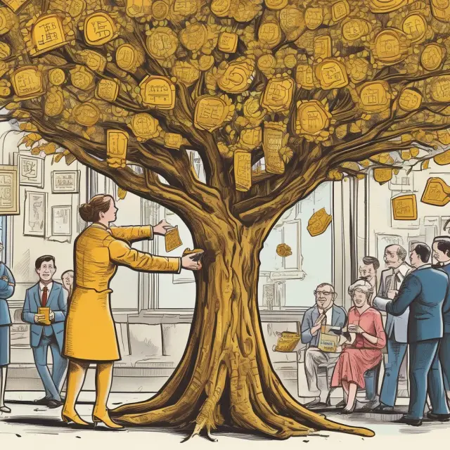 A golden investor safeguarding his share collection while IPO offerings expand the tree
