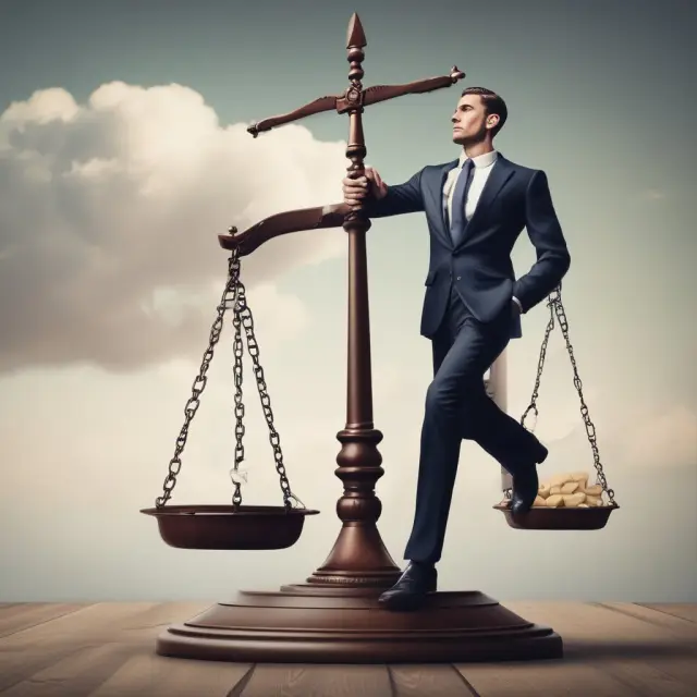 Shareholder holding a balance scale, preemptive rights shield in hand, representing power maintenance and potential profit gains